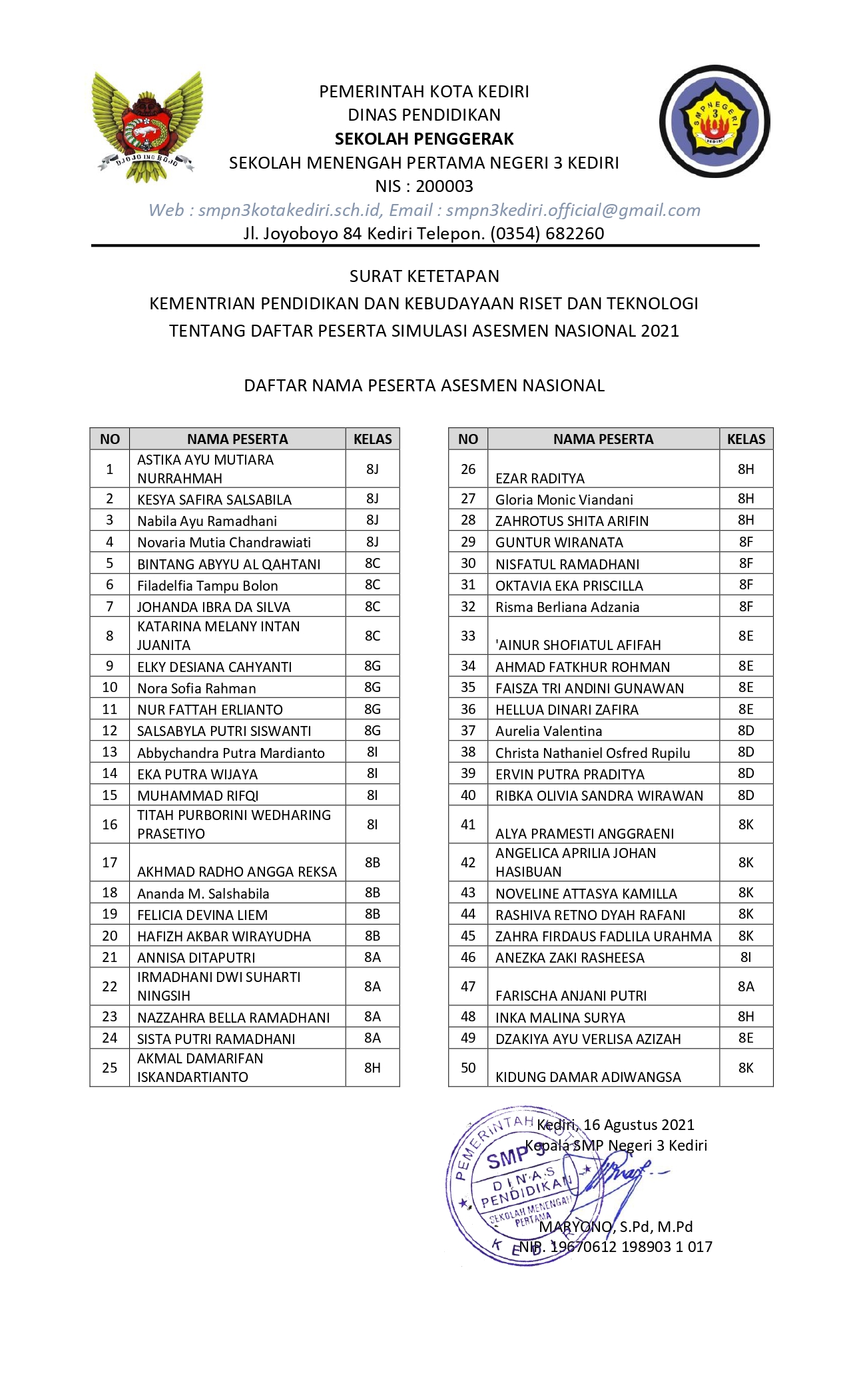 PENGUMUMAN DAFTAR PESERTA ASESMEN NASIONAL – Situs Resmi SMP Negeri 3 ...